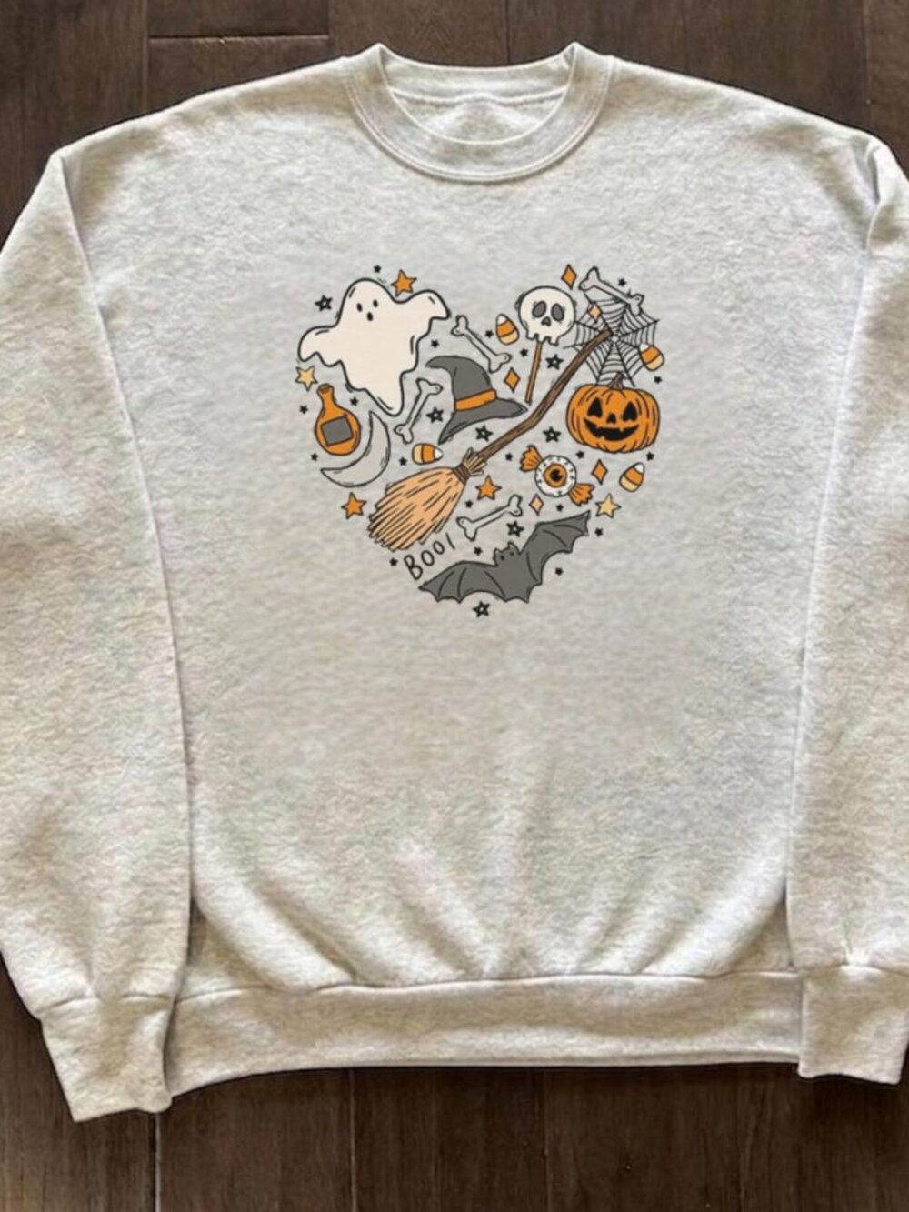 Gildan Ash Grey Halloween Characters Heart Crewneck Graphic Sweatshirt